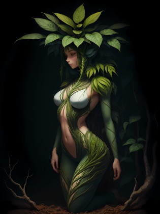 Plant woman, with hair from plant roots, and her body formed by tree roots, whole body image, plant woman, woman with plant body --auto