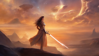 Imagem da mulher segurando um sabre de luz de Guerra nas Estrelas, rei, Guerra nas Estrelas, Personagem feminina solo, visual do filme star wars, curly hair, Cartaz de Guerra nas Estrelas, In a Star Wars sequel, Poster character, com espada de sabre de luz, Jedi Feminino, Personagem de Guerra nas Estrelas
