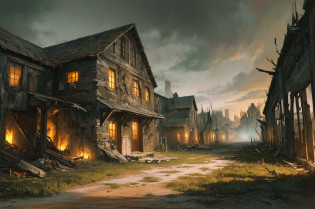 A post-apocalyptic scenery, (mysterious black fog), abandoned farm, (dilapidated),   bulb, absurdity, realistic lighting, (abyss) masterpiece, high quality, beautiful graphics, high detail, miaobishenghua  , livestocks, dark soils, wind, stone fragment, beautiful detailed blood, night, moonlight, beautiful detailed farm, [(black background:1.5)::5], bloodied farm, painted as a game concept art,  library of ruina concept art,  matte painting concept art, environment painting, ruins, traditional dark forest concept art, concept art ? highly rendered, scenery game concept art, post-apocalyptic, destroyed buildings, blood stains, bloody floor, livestock farm, village, barn