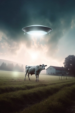 a cow hovering in a beam several feet below a UFO::2 flying near a rural farmhouse:1. 5 in the style of photo-realistic landscapes, ethereal fantasy, zen buddhism influence, die brcke, fictional landscapes, surrealist: dreamlike imagery --ar 2:3 --v 5