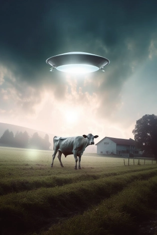 a cow hovering in a beam several feet below a UFO::2 flying near a rural farmhouse:1. 5 in the style of photo-realistic landscapes, ethereal fantasy, zen buddhism influence, die br�cke, fictional landscapes, surrealist: dreamlike imagery --ar 2:3 --v 5
