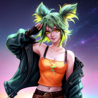 zeri \(league of legends\), league of legends, 1girl, solo, smile, looking at viewer, green hair, twintails, bangs, parted bangs, small yellow eyes, collarbone, bare shoulders, off shoulder, long sleeves, breasts, jacket, blue jacket, open clothes, open jacket, orange tank top, midriff, gloves, black gloves, fingerless gloves, pants, black pants, belt, <lora:zeriFromLeagueOf_zeriV1:1>, night sky background, trending on artstation, highly detailed, fine detail, intricate, ((rimlight)), (backlighting), (bloom), modelshoot style, synthwave, dreamlikeart, cyborgdiffusion, nvinkpunk,kuvshinov,dreamlikeart,samdoesart <lora:nixeuStyleLora_100:0.4>
