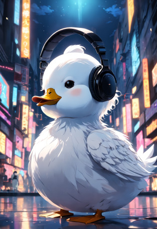 A masterpiece white duck with headphones, fatness