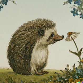 hedgehog smelling a flower | clear blue sky | intricate artwork by Beatrix Potter | cottagecore aesthetic | 8K | highly detailed | wide angle |