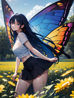 wings 1cat girl, very long dark blue hair, maroon accents, blue eyes, wearing wet white cropped t-shirt, black skirt, in a field full of flowers, absurdres, high res, ultrasharp, 8k, masterpiece, looking at viewer, seductive, seductive pose, sexy, captivating, large breasts, cute yet seductive smile, attractive, sexy shape, sexy curves, large dangle earrings, determined look, butterfly wings