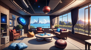 Mechanical industry?Functional wind?inside in room?Studio?Widescreen PC?cyber punk perssonage?Studio?starrysky?mirai?Machinary?Technologie?Comfortable chairs and throw pillows?Welcome day?Large floor-to-ceiling windows?asteroids?starrysky?sci-fy?dream magical?red fox?red colour?fox ear?fox tails?Fox pillow?Blue tones?ocean floor?Bright colors?cozily