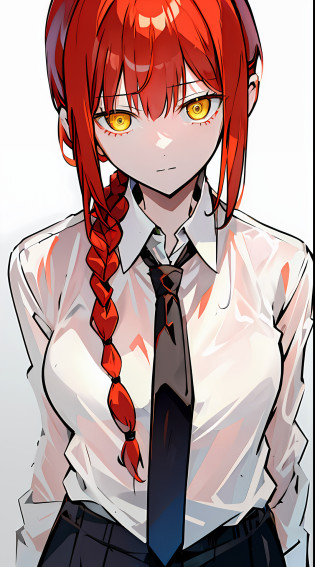 (((masterpiece))), best quality, 1girl, yellow eyes, ((white collared shirt)), red hair, braided hair, 1braid, ringed eyes, simple background, black necktie, Makima, makima \(chainsaw man\), looking at viewer, solo, upper body