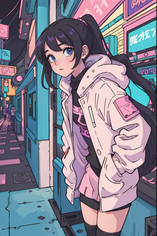 (?masterpiece), (The best illustrations), Winds of the 90s,Retro?Colorful cyberpunk city background?Street, teenage girl in comfortable sweater, Lori, Black stockings?Smoking cannabis?Inner color pink,Emo,Night view from the veranda,????????, Desktop PC, Ring lighting,(?masterpiece), (top-quality), (Vaporwave Style), (ultra-detailliert), (The best illustrations), (Best Shadows),Perfect litthing, vivd colour,Fashionable