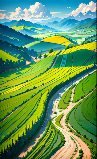 In a vast field, a green rice field stretches into the distance. The rice paddies sway and the breeze blows, bringing tranquility and pleasant atmosphere.
[3] = The field environment is full of nature and tranquility, surrounded by small streams and rolling hills, creating a scene of traditional Chinese countryside.
[4] = The land exudes the smell of harvest and abundance, making people feel reassuring and satisfied. The sun shines on the fields, giving a feeling of warmth and hope.
[5] = Painting, using soft colors and delicate brushstrokes to express the tranquility and harvest of traditional Chinese countryside.
[6] = Use painting tools and appropriate painting techniques to achieve the effect of painting. Use pastel colors to highlight the tranquility and harvest of the fields. Use delicate brushstrokes to enhance the natural beauty of traditional Chinese countryside.