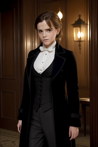 there is a woman in a black coat and a white shirt, movie still of emma watson, film still of emma watson, emma watson as driada, emma watson for victorian secret, emma, portrait of emma watson, in a flowing white tailcoat, portrait photo of emma watson, victoriana, girl in suit, october, emma!! watson!!