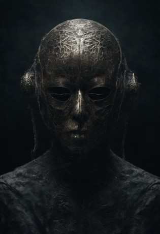 Stunning surreal art: front view emotional formless bizarre humanoid beggar face mask floating in darkness, vogue and Gucci style, minimalism photo, minimalistic, porosity, intricate details, rough texture, colorful top light, perfect crop, volumetric, super detailed, octane render, cinematic lighting, film grain