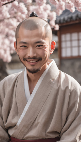Realistic, Masterpiece, Intricate details, Detailed background, Depth of field, Handsome photo (Japan man), Interesting Ecchus, loincloth, Onsen, Beard, (30 years old), Dynamic pose, cherry blossom,, (Fake smile:0.6), buzz cut,Goatee?Fake smile?laughingly, view the viewer, Expressive, Legs spread, Bulge