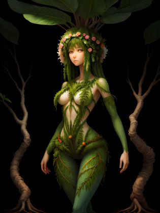Plant woman, with hair from plant roots, and her body formed by tree roots, whole body image, plant woman, woman with plant body --auto