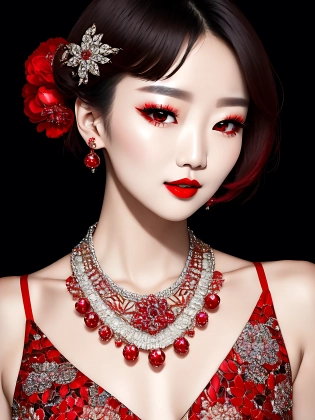 Beautiful Korean woman, kpop idol, (Cute Loose Bob hairstyle), (small breasts)+, symmetrical eyes, ultra high res, photorealistic, 8k, hyperrealism, photography, (full length portrait), soft red lipstick, (intricate necklace with rubies and diamonds), (wearing a red dress is a stunning, hyper maximalist masterpiece, with intricate details and a dramatic silhouette that echo the elegance of the Baroque era), (stiletto heel), standing on the corner under a moon lit night,