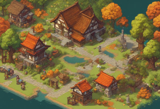 16-bit, 16-bit gaming, Pixel art, Japanese RPG battle scene, 80's games, Monster, ln the forest?Autumn scene?Small river?European country style?Town, load, Car, Pixel art, points, Quarter view, iso-distance view,