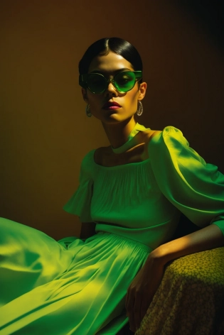 The photograph depicts a woman sitting on the floor wearing a beautiful green dress. It appears to be an album cover and may have been inspired by the work of photographer Elsa Bleda. The woman is wearing a pair of Ray-Ban glasses and neon sunglasses, which add a pop of color to her outfit. Her dress is skintight and features color blocking, a trendy fashion technique. This long dress is perfect for a female lounge, and the model is wearing green jewelry to complement the dress. The picture was likely taken at a resort and was captured by the talented photographer Julian Ope. The woman in the photo bears a resemblance to the musician Dua Lipa or the actress Stoya. --ar 2:3 --q 2