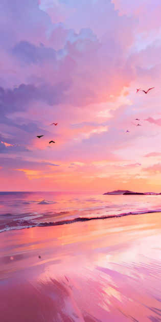 Purple and pink ocean sunset with birds flying in the sky, pastel sunset, Pink sunset, pink sunset hue, pink skies, pink hues, pastel colored sunrise, beach sunset background, pink golden hour, soft sky, Pink sky, serene colors, soft lilac skies, looking out at a pink ocean, heavenly colors, violet and yellow sunset, beautiful dreamy breathtaking