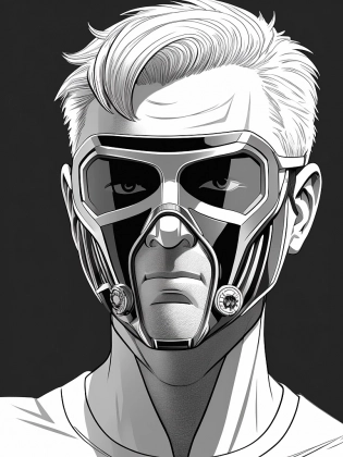 A detailed monochromatic vector low camera angle full-body illustration of "Dr. Talos", (There are layers of reality beneath the reality we see) (then in one of those most profound realities) (Dr. Talos' face was a mask) (the gears behind the mask turn and bend achieving an amazing and realistic appearance of vivacity), asymmetrical perspective, in diagonal profile, in the style of Philip Bond, dithered shading, inked outline, comic book drawing, character design, hyperrealism detail, on white background