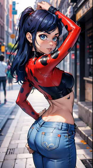 Ladybug, muito sensual, com roupas de funkeira, brasileira, na cidade do rio de janeiro, Brasil, dancing funk, rebolando, bunda grande, pernas grossas, usando um short jeans extremamente curto, showing a piece of ass, Micro Short Curto,  usando uma mini blusa, umbigo com pirsing, sneakers Nike, cabelo comprido, Speaker behind, corpo inteiro, muito realista, extremamente Realista, extremamente sexy, 8k, 8k extremamente detalhado), (um extremamente delicado e bonito), (obra-prima), (melhor qualidade: 1.0), (ultra highres:1.0)