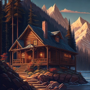 painting of a cabin on the side of a mountain| digital painting| American scene painting| vector art style| detailed wide shot| 1950s illustration style| cozy place| intricate 3d illustration