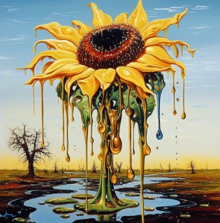 a psychedelic surrealist painting of a sunflower, surreal, dripping, melting, Salvador Dali, Pablo Piccaso --ar 80:81 --quality 2 --s 750 --v 5. 1