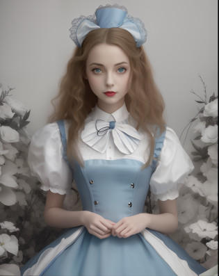 there is a woman in a blue dress posing for a picture, portrait of alice in wonderland, like alice in wonderland, alice from alice in wonderland, alice in wonderland style, alice, alice in wonderland 3 d, alice in wonderland, from alice in wonderland, 2 d cg, inspired by Alice Prin, alice in the wonderland, giant alice in wonderland, wonderland Tim Burton Style