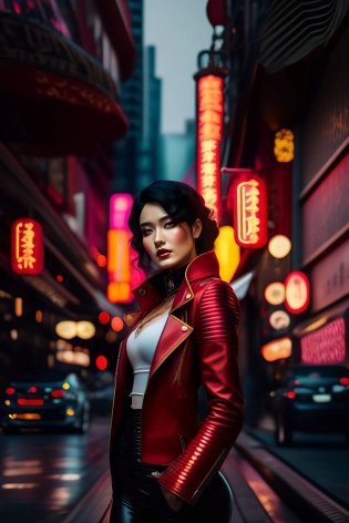 ((Masterpiece)), Photograph of a Steampunk Young pretty Woman , medium black hair, red leather jacket and white top and prominent belly, black leather tight pants, athletic slim body, Art Deco, style of Jules Vern, in a modern tokyo with neon signs, Extremely Detailed, Intricate, UHD, HDR, 16K Model: ReV Animated