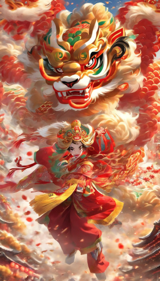 Cantonese traditional culture, China?1girll?lion dance?Awaken the lion?characteristic?The facial features are delicate and beautiful?The black and red lion head is worn on the head?Dance with a lion's head in both hands?jubilation?