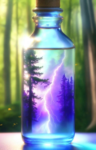 ((lightning in a bottle)), (enchanted forest background) realistic photography, nikon d 850, dreamlike, art, colourful nature, pastels, full bottle, hyper detailed, photorealism by greg rutkowski, | f 1 6 lens, lifelike, high res, sharp focus contrast! ! intricate detailed atmospheric light refraction, lighting, unreal engine 5, cinematic concept, photography masterpiece, octane render trending at cgsociety