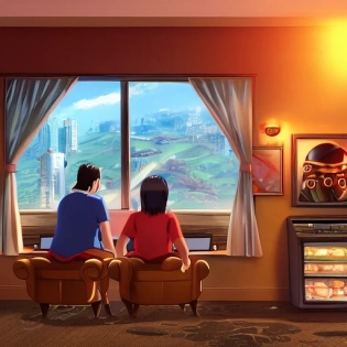 A couple play computer games in a hotel on Valentine's Day?unreal engine, highly detailed, artgerm digital illustration, studio ghibli, deviantart, sharp focus, artstation