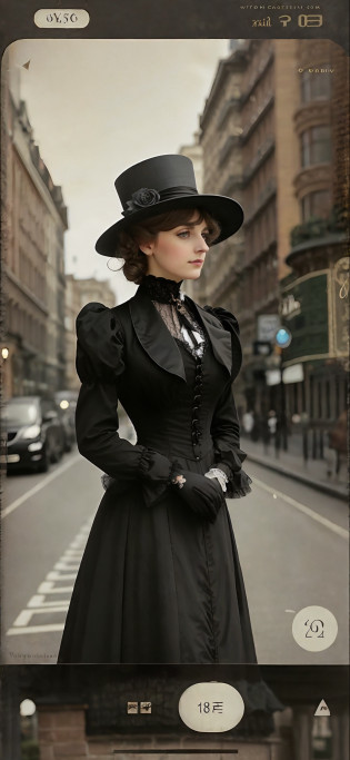 a close up of a person in a hat and dress on a street, victorian style costume, victorian lady, black victorian dress, a beautiful victorian woman, intricate victorian dress, victorian inspired clothing, wearing 1890s era clothes, inspired victorian sci - bio, elegant victorian vampire, victorian city, victorian dress, in victorian aristocrat, elegant cinematic pose, victorian clothing