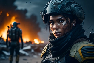 female marine in destroyed futuristic combat armor, apocalyptic war in background, looking at viewer, photography, detailed skin, realistic, photo-realistic, 8k, highly detailed, full length frame, High detail RAW color art, diffused soft lighting, shallow depth of field, sharp focus, hyperrealism, cinematic lighting