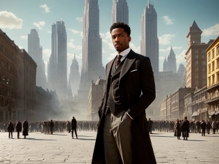 The shot opens with the black man, wearing an authentic Victorian suit, stepping out of a swirling time portal onto a modern-day cityscape plaza. The camera is positioned at a low angle, looking up at him as he stands in the center of the frame, looking around in wonder and confusion. The Victorian cobblestone courtyard can be seen in the background, still visible through the portal. The shot is filmed in 8k resolution, providing a stunning level of detail in both the foreground and background. The plaza is bustling with people and futuristic technology, creating a stark contrast to the man's dated attire. The scene is bathed in a warm, golden light, adding to the surreal quality of the shot. The composition of the shot follows the Golden Ratio, with the man positioned at the focal point of the frame. The surrounding buildings and people are arranged in a pleasing, balanced manner, drawing the viewer's eye to the man and emphasizing his isolation in this strange new world. The overall effect is one of awe and disorientation, capturing the essence of the time-travel genre while also adding a unique visual flair inspired by the dieselpunk aesthetic. Directed by Christopher Nolan, the shot promises to be just one of many stunning moments in this epic, genre-bending film. Photorealistic, Hyperrealistic, Hyperdetailed, analog style, detailed skin, matte skin, soft lighting, subsurface scattering, realistic, heavy shadow, masterpiece, best quality, ultra realistic, 8k, golden ratio, Intricate, High Detail, film photography, soft focus