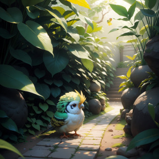 Cockatiel bird, branco com amarelo, em um jardim encantado com muitas flores e plantas lindas. Estilo Chibi, Hiper realista, super fofo, 8k.