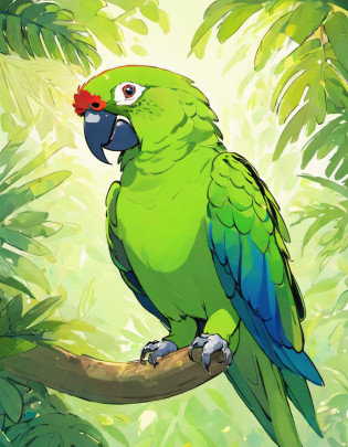 I would like to create the following animal in the sowsow pokemon art style, with a white background, In this stunning illustration, a solitary Amazon Parrot takes center stage, showcasing the exquisite beauty and vibrant personality that define this avian species. The parrot is perched gracefully on a textured branch, its claws delicately gripping the surface while displaying a sense of confidence and composure.

The Amazon Parrot featured in this artwork is resplendent in its plumage, with emerald green feathers dominating its body. The feathers are richly hued, their shades intensifying toward the bird's head and wings. Splashes of bright yellow accentuate the edges of its wings, adding a captivating contrast to the lush green backdrop.

The parrot's head is a masterpiece of intricate details. Its forehead showcases a distinctive patch of red, which extends gracefully above its eyes, contrasting beautifully with the deep green feathers surrounding it. The eyes themselves are dark and expressive, radiating intelligence and curiosity. The bird's beak, curved and strong, hints at its formidable bite and skillful use in cracking nuts and seeds.

As the Amazon Parrot turns slightly, the observer catches a glimpse of its striking plumage from different angles. The feathers seem to shimmer and glint in the imagined light, creating a sense of movement and life within the illustration. A touch of blue feathers is visible on its wings, adding a subtle hint of complexity to its overall appearance.

The background of the illustration is a lush, verdant forest scene, with hints of dappled sunlight filtering through the leaves. This setting perfectly complements the Amazon Parrot's natural habitat, emphasizing its connection to the rainforests it calls home.