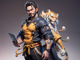 (Daisaku),(Need),(Super meticulous),(full bodyesbian:1.2),Super young man with Japanese geisha?Beautiful?orient?one tiger?Aeolian Thor?Raised sexy????Oriental face?TV Anchor?Bust portrait illustration?In black suit?a blue tie?The face is slightly chubby?The face was clean?without a beard?Black super short hair?Black eyes?Smile confidently?3C computer sub-products?iPad? iphone?Digital painting?3D character design by Mark Clairen and Pixar and Hayao Miyazaki and Akira Toriyama?The illustration is a high-definition illustration in 4K resolution?With very detailed facial features and cartoon-style visuals?