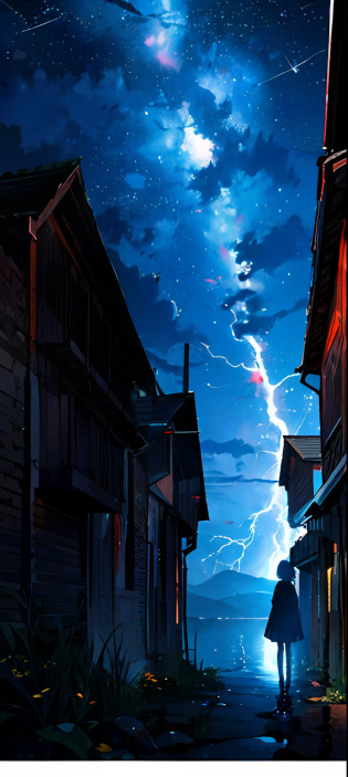 1girl?Gaze at the stars, night, volumetric lightning, absurdes, best quality, higres, full body, full shot, scenery
