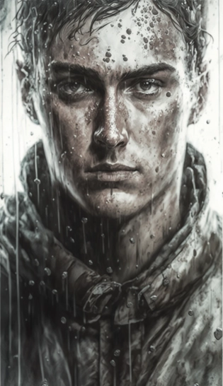 Masterpiece three quarter portrait of heroic Ukranian soldier wearing camouflaged militar uniform, he stand in the rain, completely wet, water dripping through his face, cinematic lighting, Graphite pencil with iridescent oil wash, hyper-realism, hyper-detail, chiaroscuro, sepia monotone --ar 9:16 --c 10 --s 50 --v 4