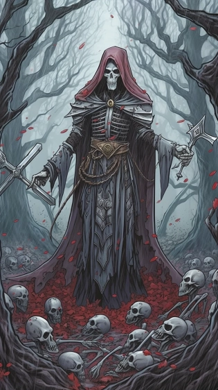 Arkthar the chaos necromancer, spreading fear and confusion like the wind spreads the seeds of evil, masterpiece, gigantic scale, in the style of detail-oriented, hyper-realistic, in the style of yugioh monster --no frame, mockup, signature, watermark, username, low resolution, worst quality, low quality, jpeg artefacts, blurry, cropped, badly framed --ar 9:16 --c 7 --s 200