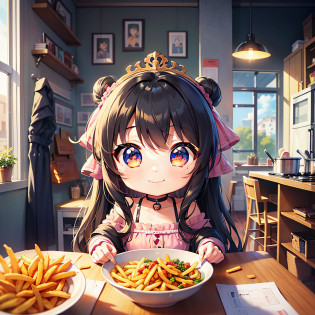 perfect-composition?Perfect pictorial composition?Cartoon girl with long hair?cartoon artstyle?Cartoon Cute Girl?Chibi Girl?Chibi?cute cartoon style?Cute art style?Cartoon style?Cartoon style illustration?Digital art of cartoons?Cute digital art?Cute anime girl?Chibi?estilo chibi?Kawaii Girl?an anime drawing?pop-art?Cartoon style illustration??Equivalent?Head large?kawaii eyes?radiant eyes?Sparkling eyes?kawaii faces?Innocent face?smooth hair?Black hair?Black hair?Potato fries?french fried?French fries in cooking?kindly smile?Eat french fries?inside in room