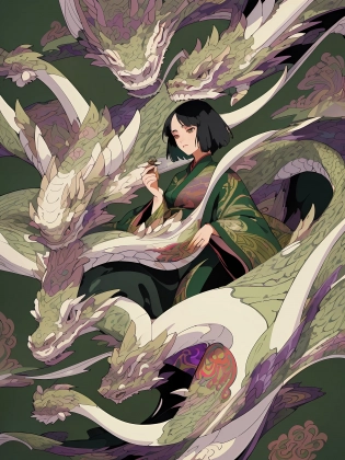 realistic, (masterpiece, top quality, best quality, official art, beautiful and aesthetic:1. 2), extremely detailed, colorful, highest detailed, (abstract background:1. 5) (1 asian woman:1. 3), (dragon motif), (black hair), (inquisitive expression), (dressed in green silk robes with patterned embroidery), (holding stone with glowing engraving)