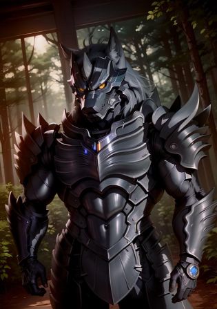 art by midjourney, CGI_Animation, (masterpiece:1.3), (best quality:1.5), anthro, (muscular), old, aged up, ((male)), (full body shot), dynamic lighting, ((male)), thick muscular body, powerful muscular body, ((bodybuilder body and wide powerful body and wide thick muscular body and powerful male body and muscles and muscled and thick arms and powerful arms and muscular arms and thick thighs and powerful legs and muscular legs and thick chest and wide chest and muscular chest and muscular abs and rippling muscles and powerful shoulders and muscular shoulders and muscular butt and thick muscular neck and powerful muscular back)), cinematic lighting, 8K, hi-fi, (perfect proportions:1.2), (armored muscular man:1.5), sharp focus, (illustration:1.1), (detailed), (intricate), (8k), (HDR), (cinematic lighting), (sharp focus), (color grading), black leather body suit, polished black armor, a wolf headed man in black armor with a horned wolf face helmet, glowing yellow eyes, Zen Aku, Zen-Aku, <lora:Zen Aku:1>  easynegative