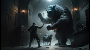araffe and a man in a dark room with a large monster, from the tusk movie, bigstudiovfx, still from movie dune, film still from movie dune-2021, unicorn from the tusk movie, jaime jasso, the best on cgsociety, cgi art, cgsociety award, warrior fighting in a dark scene --auto --s2