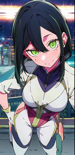 1girl, solo, my hero academia hero suit , bangs,happy,posing, multicolored hair, (masterpiece:1.2), highres, best quality, 8k, sunset city background, green hero suit, white gloves, super hero tight suit