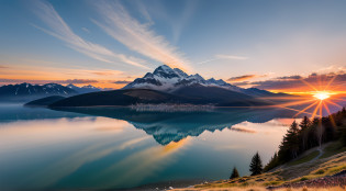 sunset on mountain, lake under montain