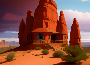 lone ranger house on edge of a tall steep red canyon mountain range, artistic, aesthetic, fantasy
