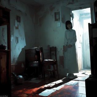 Photos of the ghost of a teenage girl Japan alone. In the dim light, Claustrophobia range in small rooms in Tokyo, A ghostly presence appears, Consumed in the creepy world of horror games. Lurking in a desolate corner, Enveloped in inexplicable darkness, That evil gaze is?Immobilized to the player with an anxious and twisted smile that sent shivers down the spine. The ghostly apparition is covered in tatters, White dress full of filth, Unforgettable relics of the past, And its ethereal shape is wavering, A glimpse of the spectral region beyond.

In the stuffy atmosphere of the room, Dilapidated chair, Forgotten relics of another era, Stands as a chilling memory of the room's ominous history. Time has eroded the once ornate sculptures, Leaving behind the agony whispers and sounding rotting shells of souls long gone. walls, Decorated with faded photos of forgotten faces, It seems to exude a melancholy presence., As if?Who was caught in it?As if the essence longs for deliverance from their eternal purgatory.

A pale blue glow emanates from the ghost's eyes, Emitting an eerie glow that penetrates the air, Corner of the room?Fill with spectral incandescent lamps up to. Shadows dance under an ethereal glow?Distorted, Twisting into grotesque shapes that mock the sanity of the living.

When the ghost silently stretches out a translucent hand, A bone-chilling silence descends. With each painfully slow movement, Approaching the player in., Creeping specter of fate. however?No matter how close it gets, The transparent hand of the ghost is?Never break the threshold of the tangible world, Leave a trail of icy fear. It is the embodiment of pain, Forever denied the comfort of human touch.

yet, Paradoxically, In obvious horror