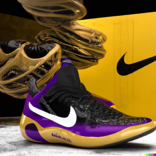 a highly interpretation of nike kobe basketball shoes, advertisement, 4k --ar 1:2 --quality 2, koyoto style, concept art, Laker colors, snakes in backround�