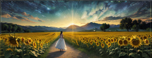(best quality,4k,8k,highres,masterpiece:1.2),ultra-detailed,(realistic,photorealistic,photo-realistic:1.37),a girl in a white dress in a distant field of sunflowers, van gogh style,painting,beautiful detailed eyes,beautiful detailed lips,extremely detailed eyes and face,longeyelashes,wind blowing through her hair,expressive emotions on her face.\n
(medium:1.1),field of sunflowers painted with thick brush strokes, vibrant yellow petals and deep green leaves,showing the movement of the wind. \n
(medium:1.1),a summer sky with fluffy clouds (photorealistic rendering:0.9),casting soft (morning) light on the scene,creating a peaceful and dreamy atmosphere. \n
(the sound of nature:0.8),a gentle breeze rustles the leaves, and the distant sound of birds singing can be heard.\n
(distant mountain range:1.1) covered in a hazy mist, adding depth and mystery to the background.(distant:1.1), (vivid colors:0.9) and (soft shadows:0.9) give the mountains a sense of depth and distance. \n
(the sound of nature:0.8)distant sound of a bubbling brook and chirping crickets, creating a serene soundscape. \n
(aesthetic:1.1), (colorful:1.1) and (vibrant:1.1) flowers (in foreground and background),providing a rich and vivid color palette. \n
(field of sunflowers:1.1), (tall:1.1) and (natural:1.1), their petals and stems reaching towards the sky, creating a sense of movement and vitality.(field of sunflowers:1.1), (tall:1.1) and (natural:1.1), their petals and stems reaching towards the sky, creating a sense of movement and vitality.\n
(the girl's dress:0.9) made of (fine,flowing:0.9) fabric, (white:1.1) and (long:1.1), flowing gently in the wind, blending harmoniously with the surrounding sunflowers.\n
(van gogh:1.1), (impressionism:1.1), (starry night:1.1), inspired brushwork and vibrant colors, adding a touch of magic and dreamlike quality to the scene.\n
(bright, warm colors:1.1), yellow and orange hues dominate the scene, creating a cheerful and lively atmosphere, (van gogh's palette:1.1).