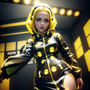 disco, (overexposed light:1.4), (Adult German woman:1.6), (polyvinyl Jacket With Rivets:1.3), (yellow hair:1.4), (open zipper:1.4), (sexy:1.5), (erotic:1.5), (glowing disco lights:1.8), (mirror disco ball:0.5), (light reflections:1), neon walls, best quality, sunlight, detailed face, gorgeous eyes, realistic skin details, high quality, seen from below, translucent, (voluptuous:.5), sensual, lascivious, dominant, romantic, high quality, film grain, Cinematic Light, sidelighting, sharp focus